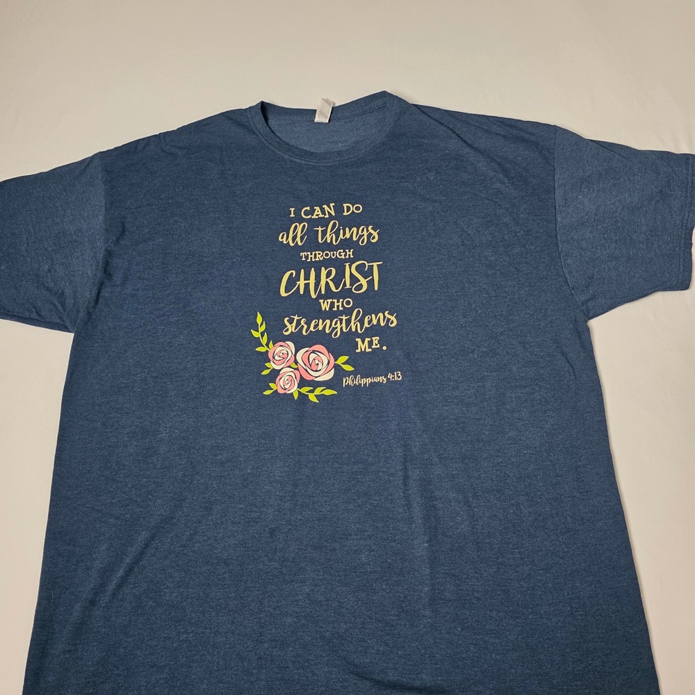 Jerzees T-Shirt Mens 2XL Navy Blue Philippians 4:13 Scripture w/ Floral Graphic